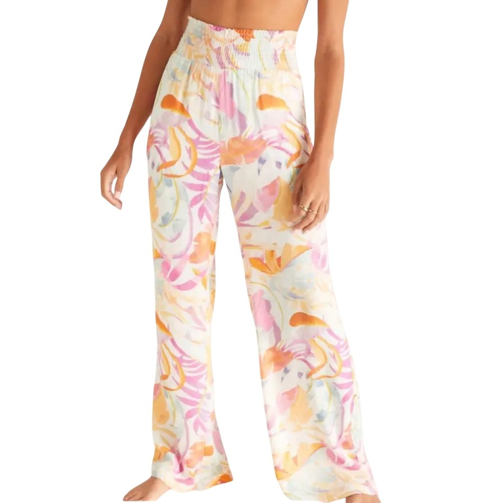 Z Supply Womens Small Boardwalk Floral Wide Leg Resort Pants Smocked Boho